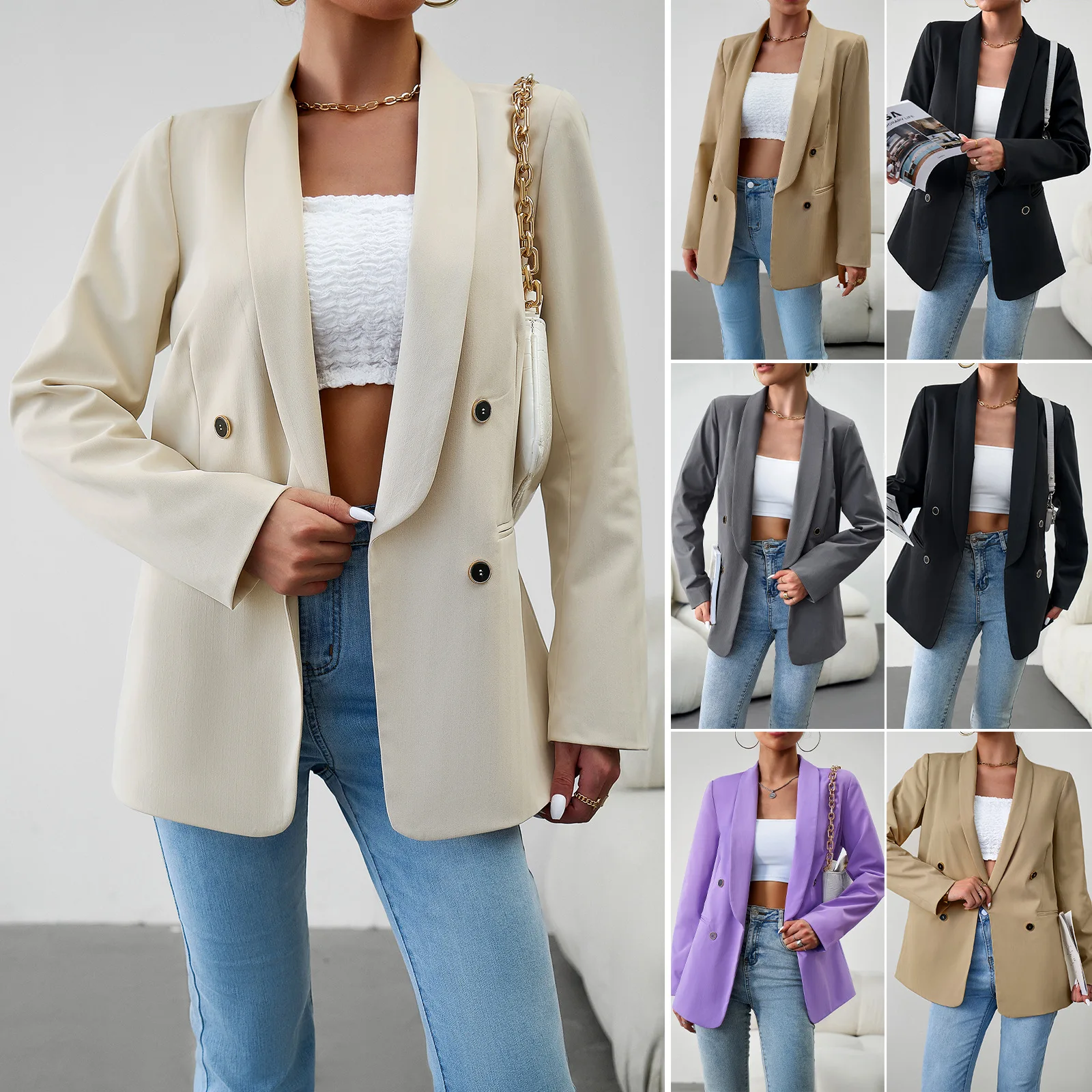 tesco solid blazer suit for women full sleeve loose jacket double breasted white cuff fashion coat for female wear ropa de mujer Tesco Solid Color Women Blazer Loose Shawl Lapels Office Lady Coat Double Breasted Full Sleeve Female Clothing blazer mujer