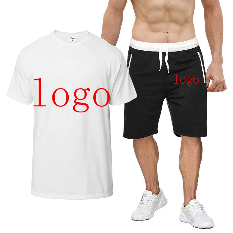 2023 Logo custom brand summer fashion casual men's eight-color sports suit short-sleeved T-shirt 2-piece set