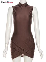 Weird Puss Cross Ruffles Mini Dress Woman Summer Sexy Solid Half High Collar Sleeveless Trend Chic Party Clubwear Skinny Bodycon - Image 6