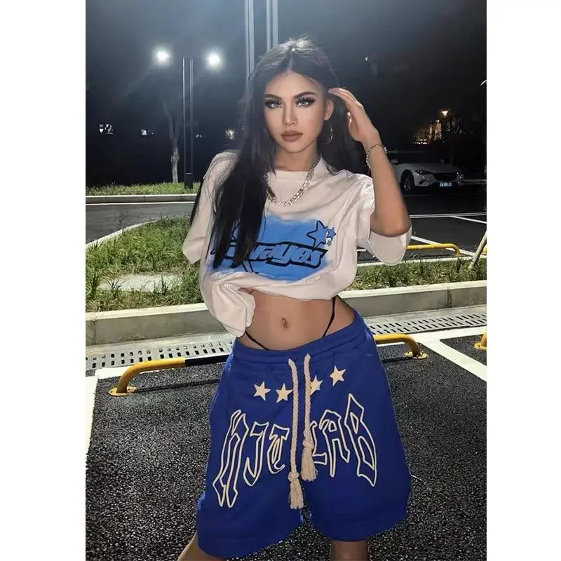 

American retro street hip-hop style shorts for women summer new Klein blue foam print couple basketball five-point pants trend