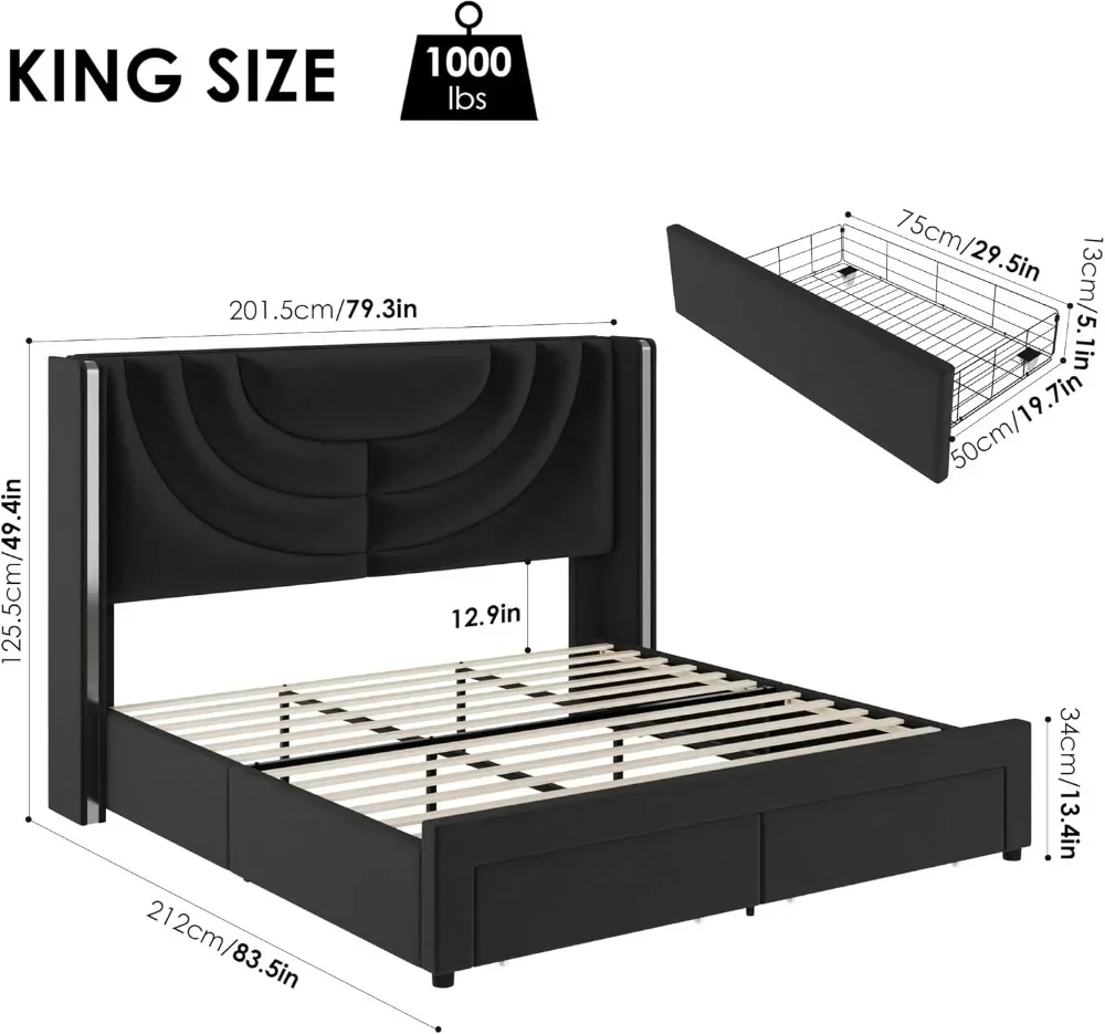 King Upholstered LED Bed Frame with 2 Storage Drawers, Velvet Platform Bed with Wingback Headboard, Solid Wooden Slats Support 5