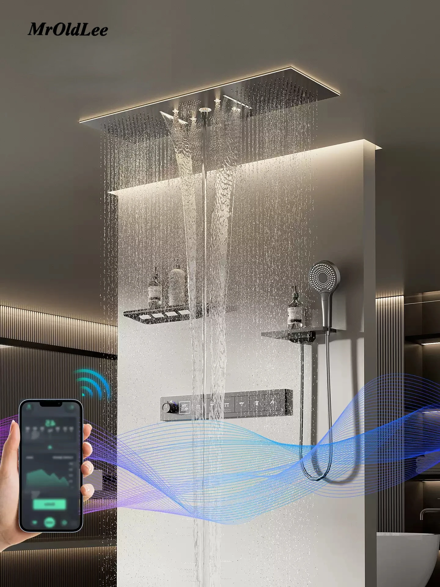 ชุดระบบฝักบัวในห้องน้ำ ฝังเทอร์โมสแตททองเหลือง LED จอแสดงผลดิจิตอล สีทองฝังฝักบัวเรนชาวเวอร์บลูทูธ 1