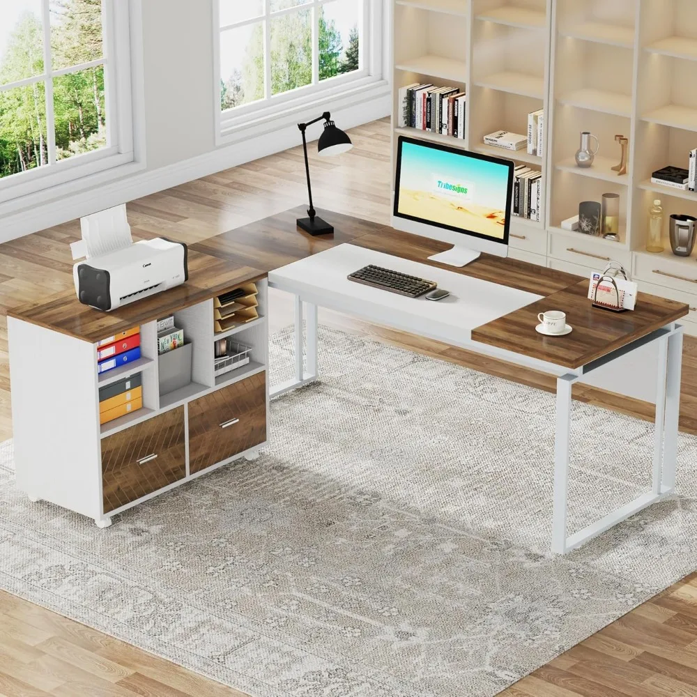 L-Shaped Executive Desk with Reversible File Cabinet, 63" Office Desk with Storage Drawers, L-Shaped Computer Desk wi 6