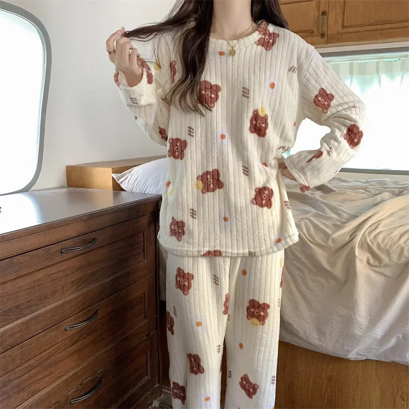 Women Velvet Pajama Set Fleecing Warm Loose Top And Elastic Waist Pants Home Casual Warm Woolen Suit Autumn Winter cotton pajama set