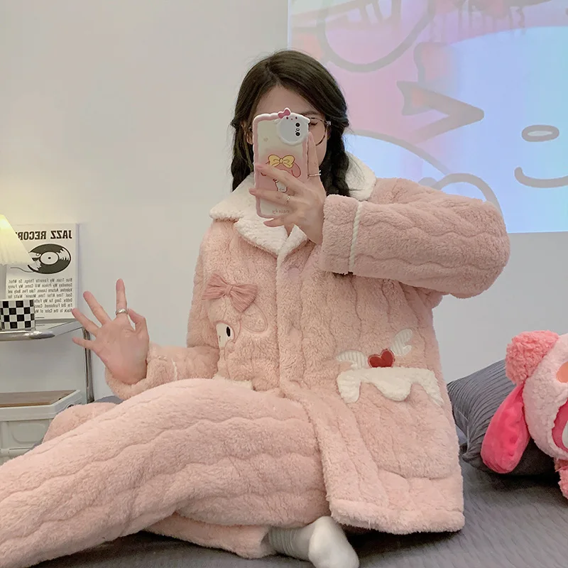 

Мультфильм Аниме Sanrio Mymelody плюшевые пижамы Kawaii осень зима утолщенный коралловый бархат лацкан теплая Домашняя одежда праздничный подарок