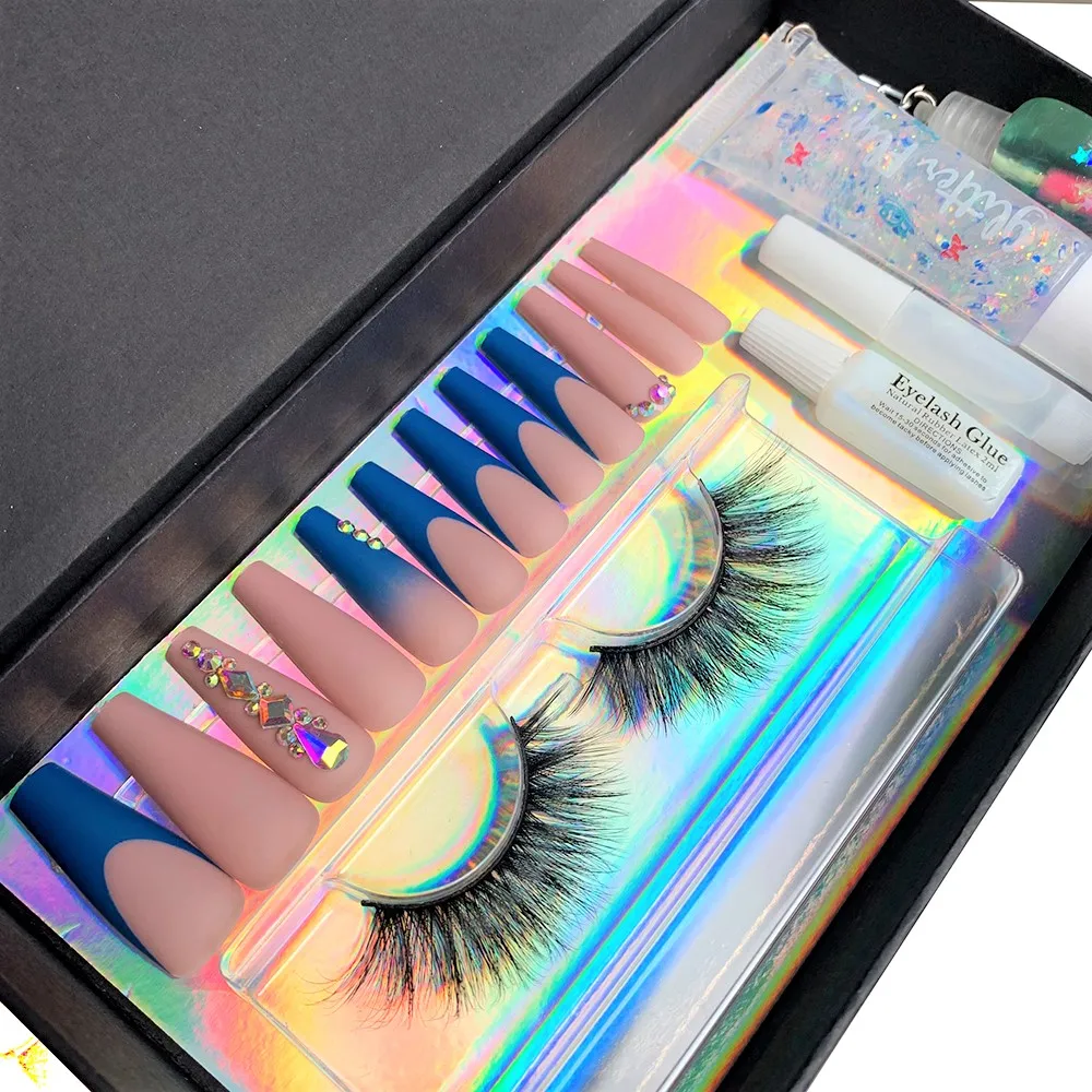 Press On Nail And Lashes Set Box Package Nails Patches Lipgloss Set Volume 3D Faux Mink Eyelashes Kit