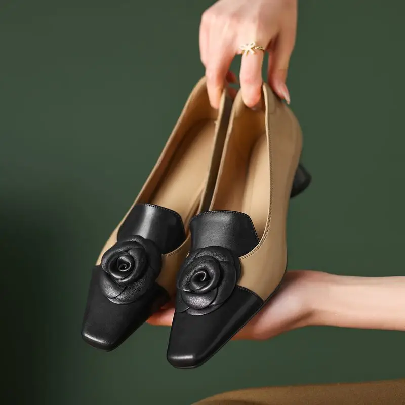 

Natural Genuine Leather Women Heels Shoes Flower Design Spring Fashion Leisure Important Occasions Party Wedding High Heel Shoes