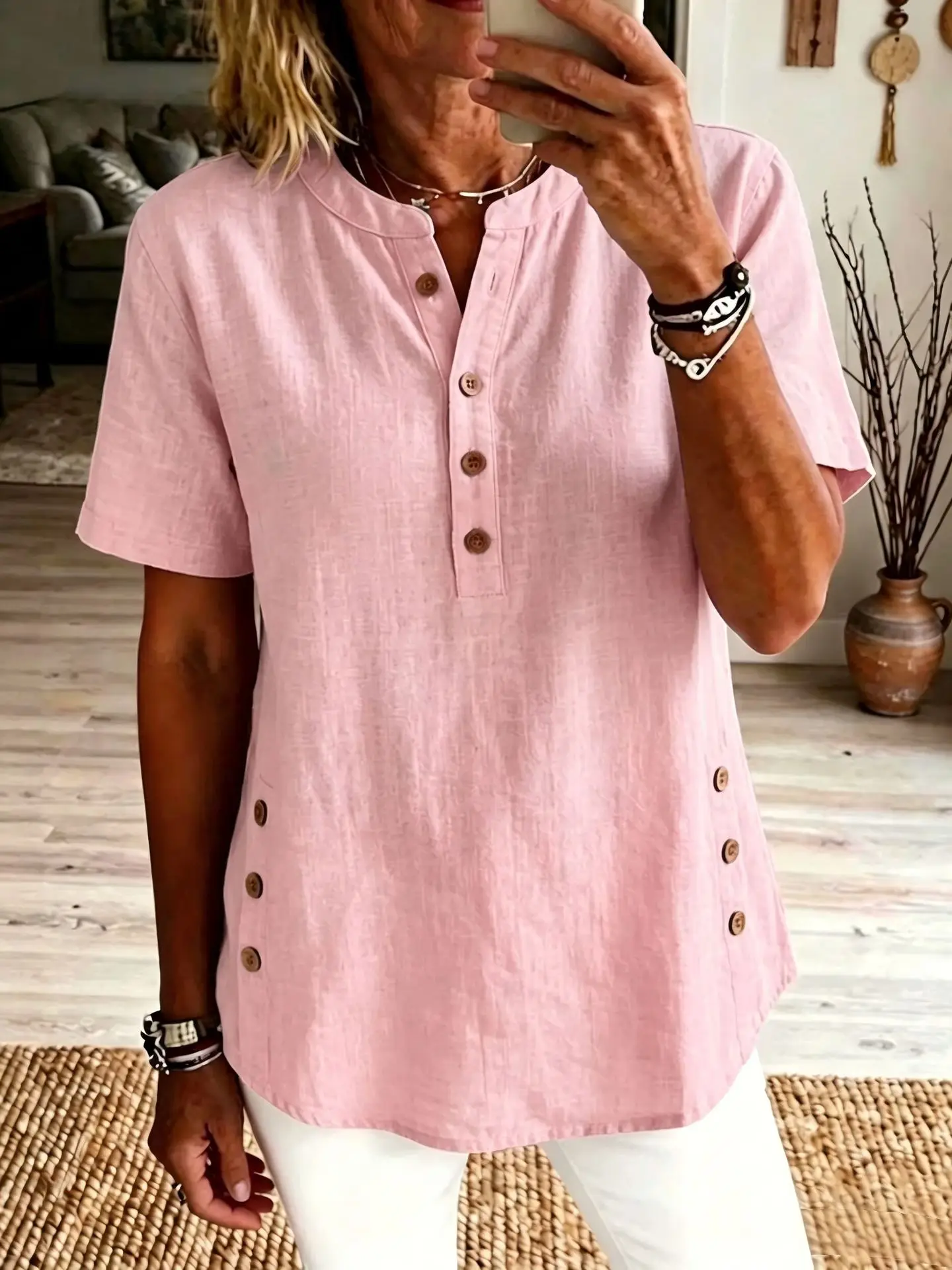 Damen Freizeitbluse aus Baumwolle und Leinen 2026 – Neuheit Sommer Kurzarm Henley-Shirt mit V-Ausschnitt, seitlicher Knopfleiste, einfarbig, locker geschnitten