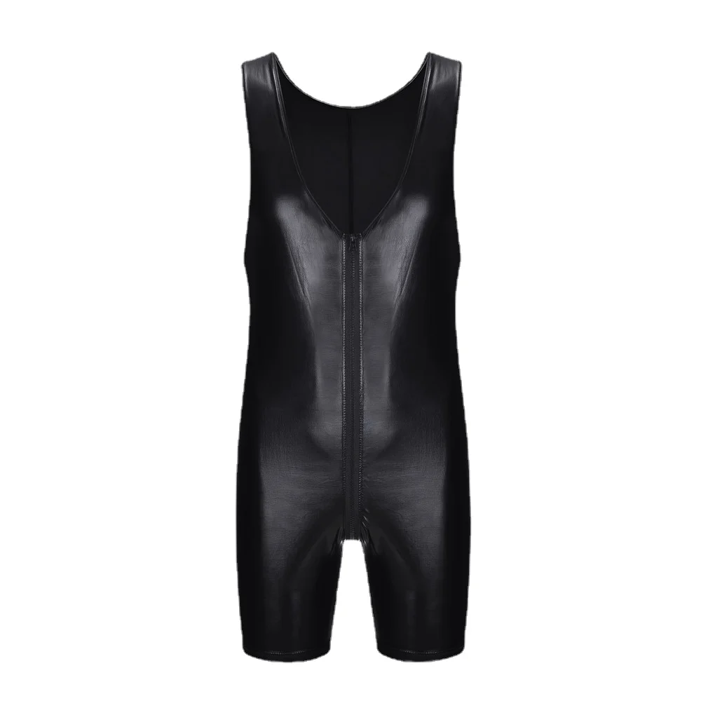 Men underwear PU leather bodysuits wrestling singlet zipper open crotch boxers jumpsuits leotard