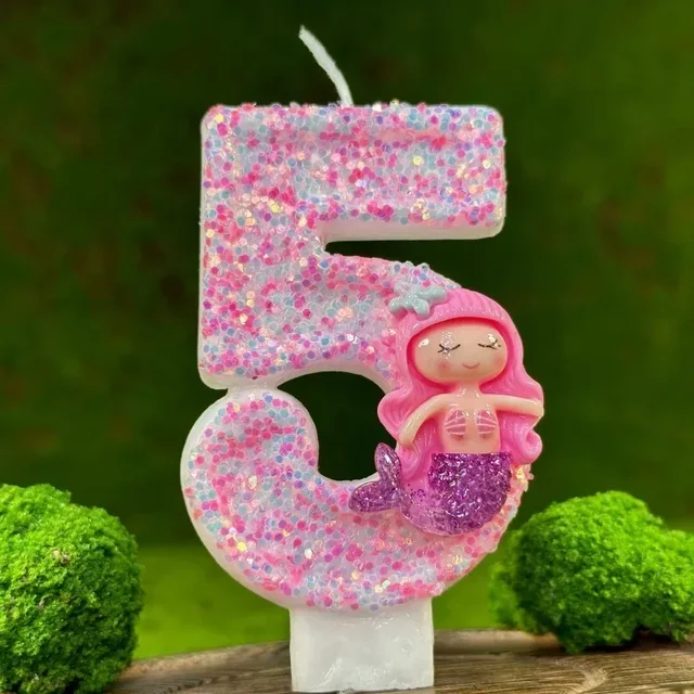Bougie d'anniversaire numérique créative 0-9, bougie de gâteau d'anniversaire faite à la main, bougie sirène rose, fourniture décorative d'ambiance de fête 2