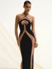 Mesh Patchwork Halter Neck Dresses for Women Sexy Lace-up Backless See-through Evening Dress Sleeveless Backless Long Party Robe 1