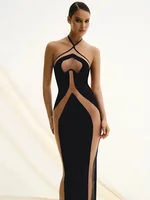 Mesh Patchwork Halter Neck Dresses for Women Sexy Lace-up Backless See-through Evening Dress Sleeveless Backless Long Party Robe 1