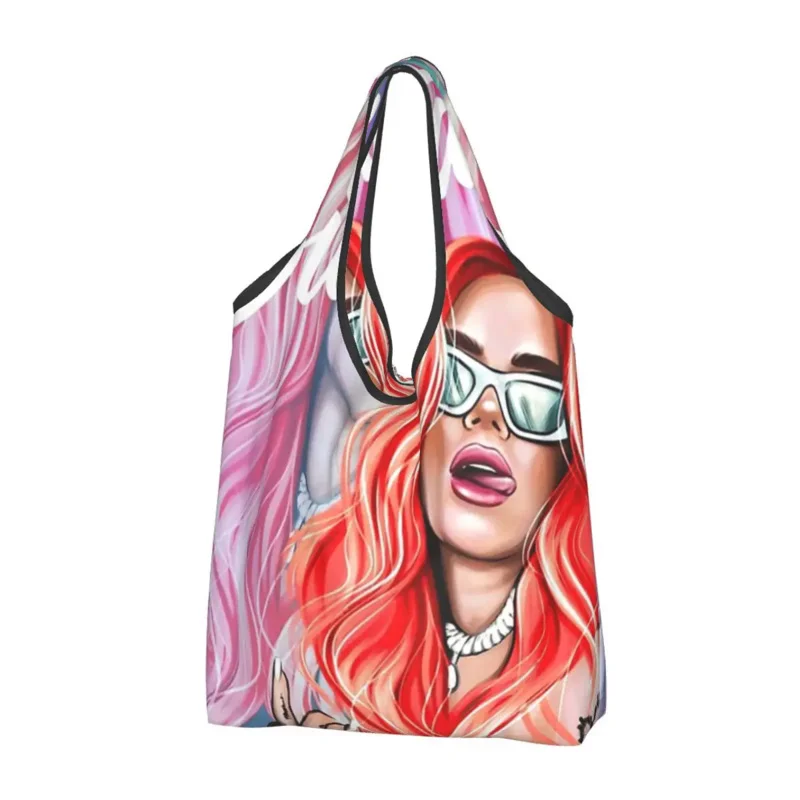 

Karol G Bichota Rapper Reusable Shopping Grocery Bags Foldable 50LB Weight Capacity Eco Bag Eco-Friendly Washable