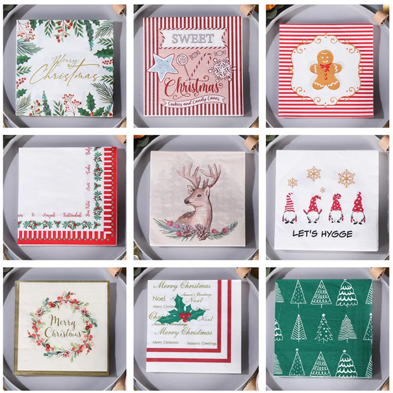 20Pcs/pack Christmas Series Printed Paper Disposable Table Dinner Napkin Tissues Xmas Party Decoration
