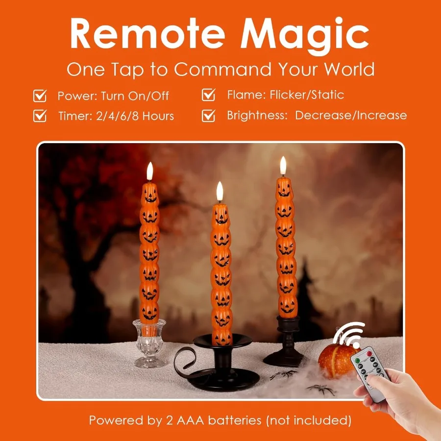 Flameless Taper Candles with Remote Control Flickering LED for Halloween Decorations Battery Operated Spooky Wax Candlesticks S