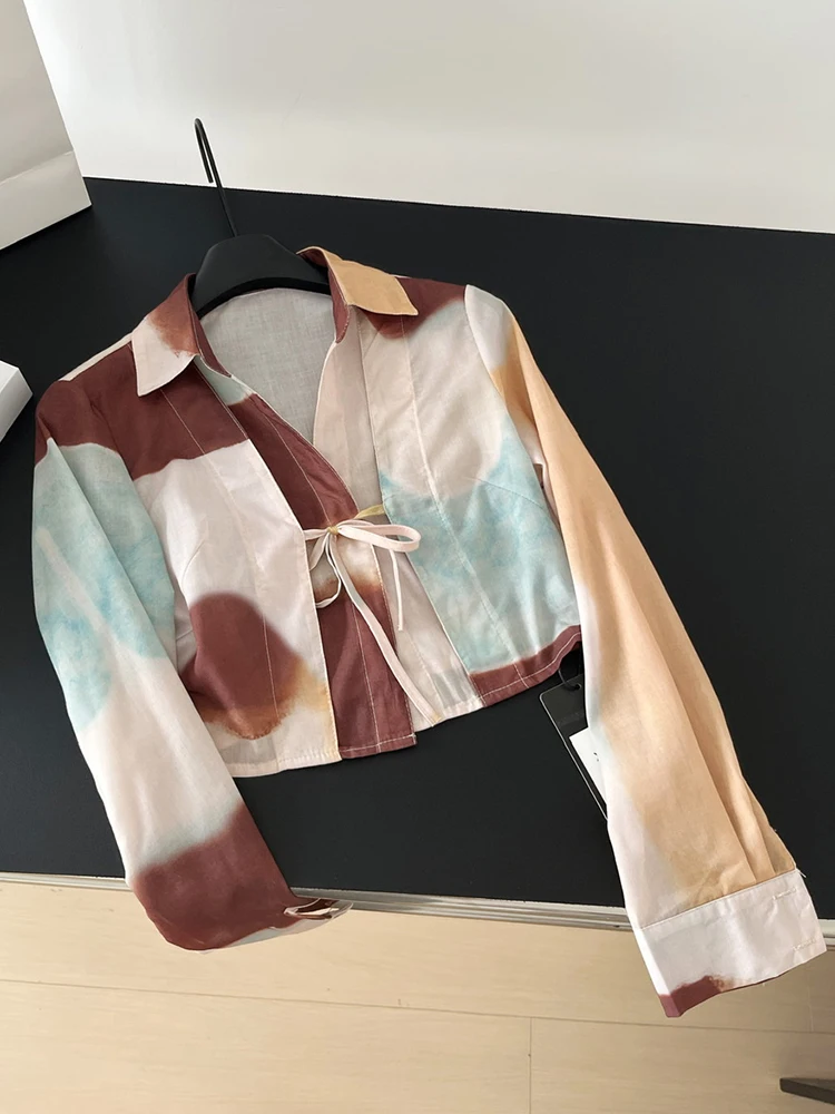 

QOERLIN Printed Chiffon Shirts Women Long Sleeve Loose Casual Lace-Up Cropped Tops Korean Fashion Bandage Blouse Girls Street