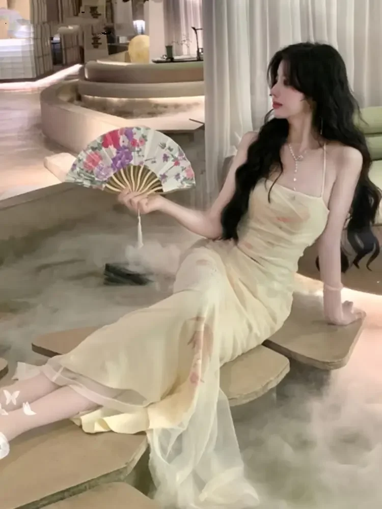 

Женское облегающее платье-Русалка, элегантное привлекательное Сетчатое модельное платье на бретелях, длинное французское винтажное Цветочное платье, лето 2024