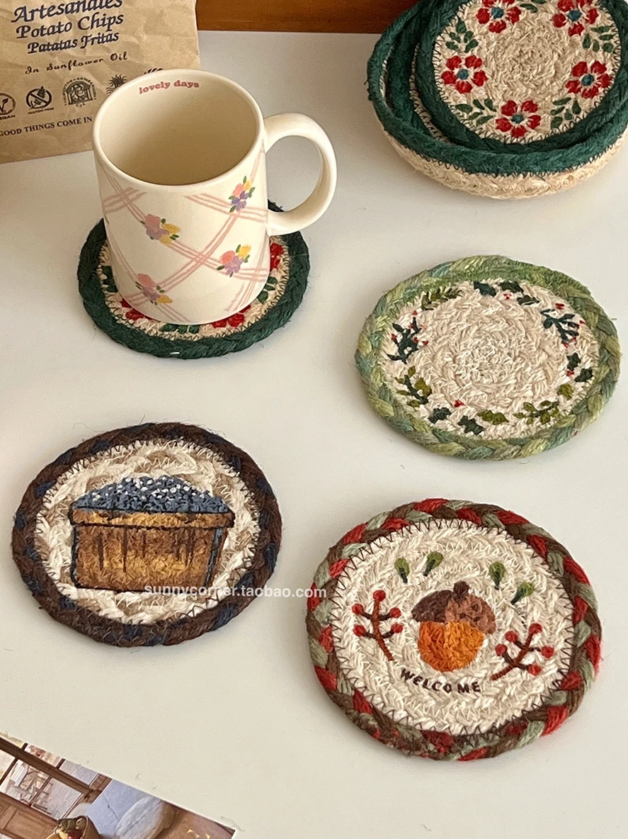 

Vintage Hand-Woven Jute Water Absorbent Coaster Heat Proof Mat Dining Table Anti-Scald and Heat-Resistant Mat Coasters