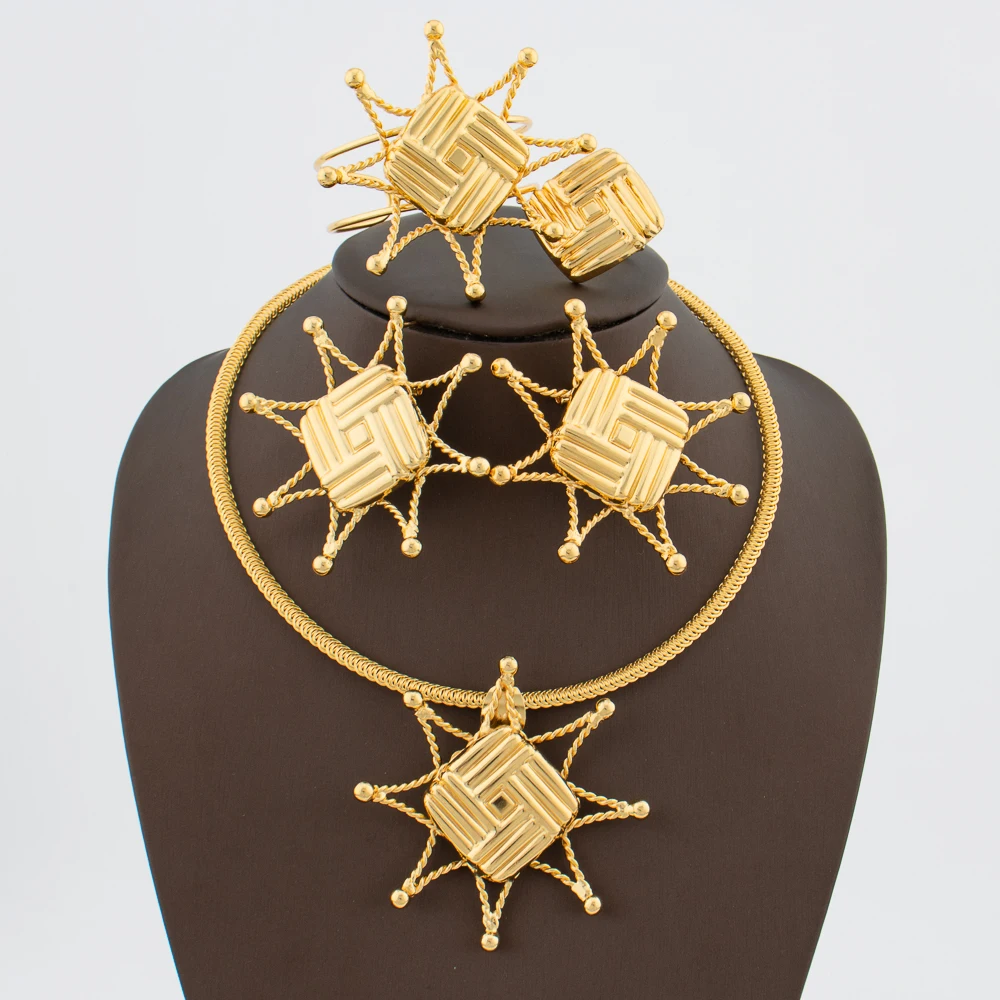 

Italian Gold Color Jewelry Set for Women Unusual Design Pendant Necklace and Earrings with Bracelet Ring 4Pcs Set for Engagement