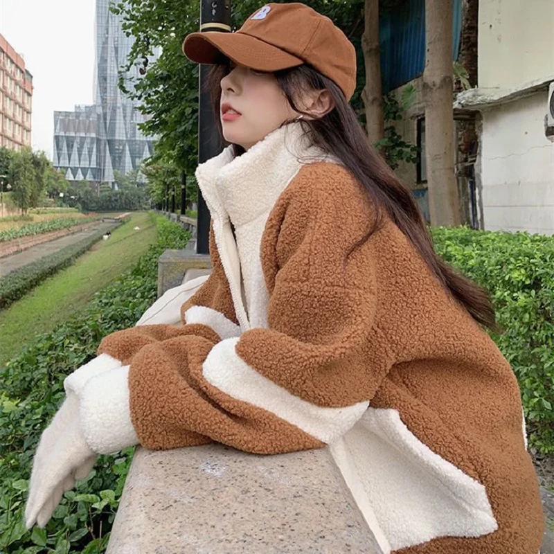 

Warmly Fuzzy Brown Jackets For Women 2022 Winter Y2K Thick Lambswool Pockets Coat Hooded Cotton-padded Jacket Thick Outerwear