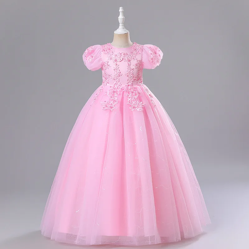 Children's princess dress lace one-shoulder long dress flower girl wedding lace beaded party princess flower girl dresses