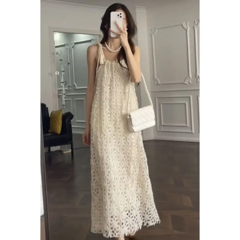 

Plus-size Halter Hollow-out Dress Two-piece 2023 Summer Temperament Slimming Sleeveless Cardigan Long Skirt Children's Set