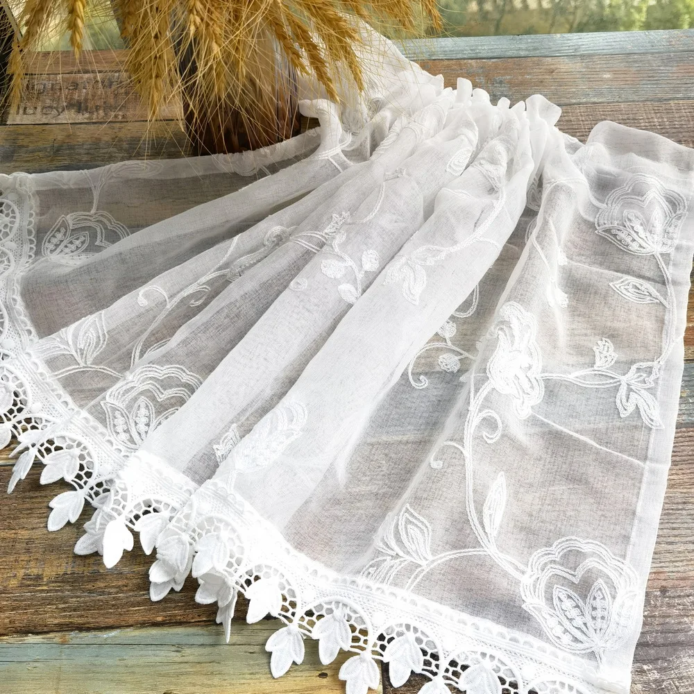 1 חתיכה לבן פסטורלי קצר טול וילונות למטבח חדר שינה סלון חלון וילונות פרחוני רקמת טול חצי וילונות