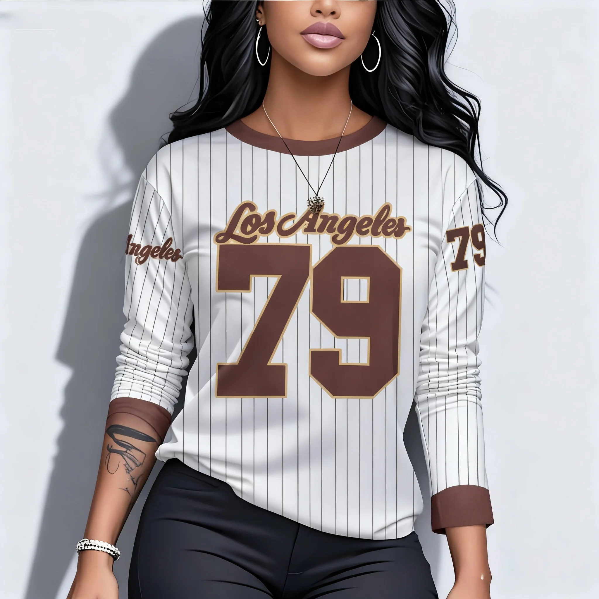 봄과 가을 겨울 긴팔 티셔츠 대학 스타일 스트라이프 저지 패턴 스트리트 여성 Y2K 레이지 스타일 대형 성인 상의