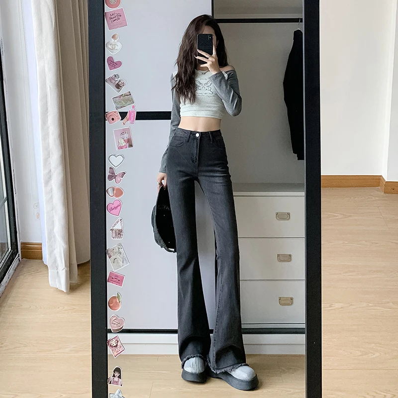 XS-XXL Women Flared Jeans Loose Denim Pants Double Button High Waist Stretch Flare Trousers Elastic Boyfriend Style Bell-bottoms