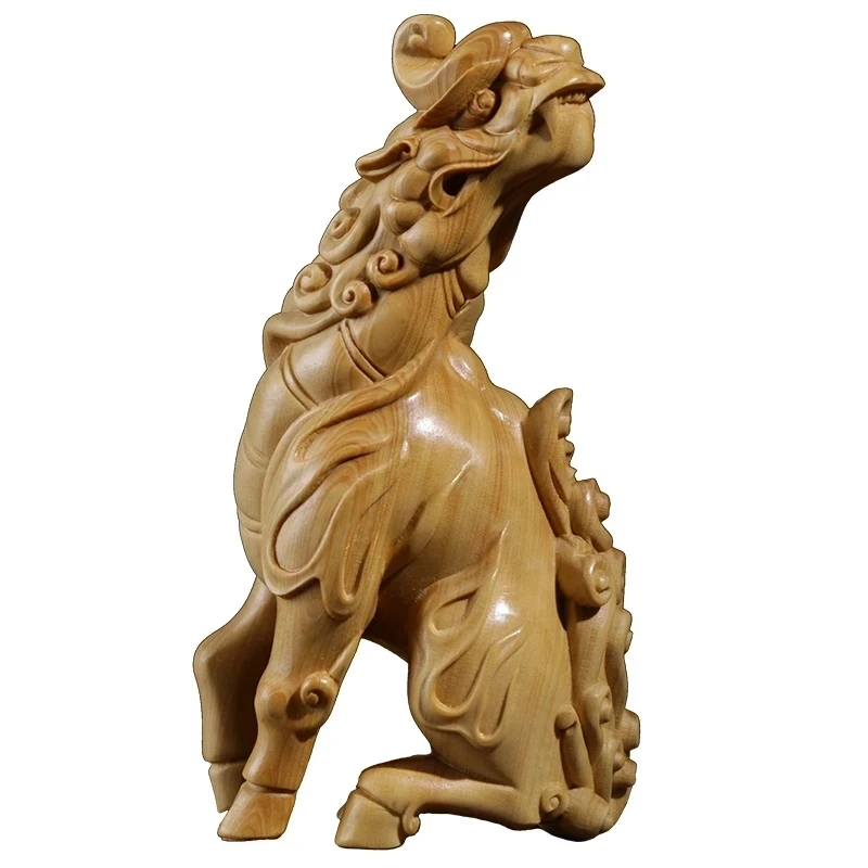 

Boxwood 13cm Unicorn Sculpture Wood Carving Chinese God Beast Animal Lucky Statue Home Decor