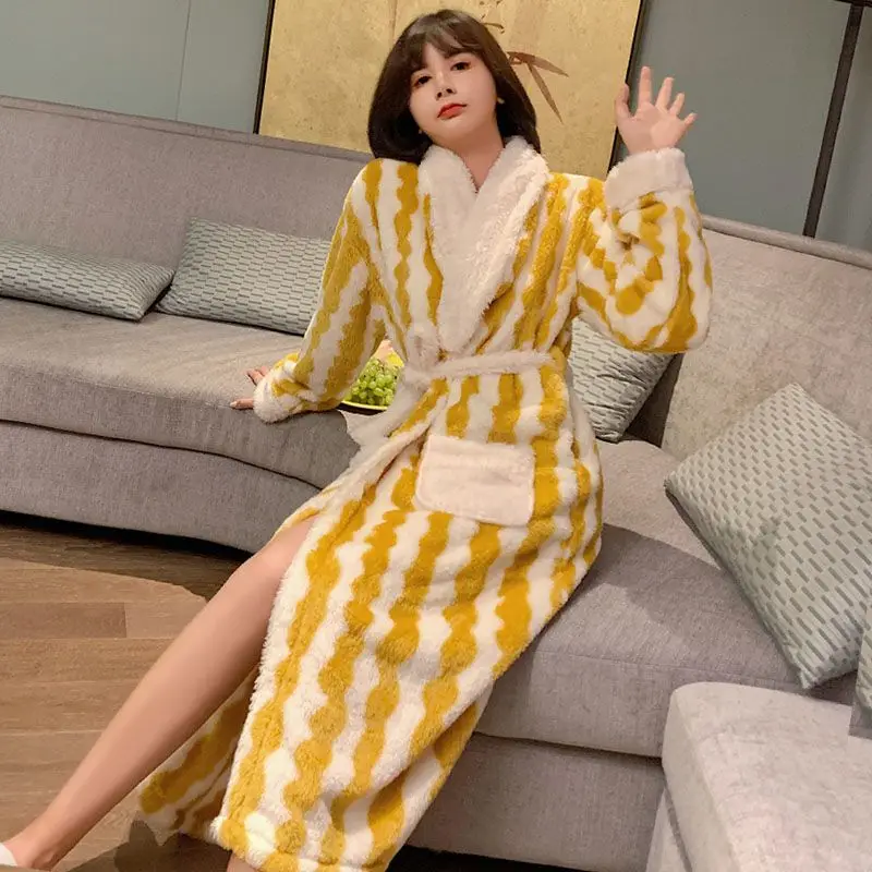 Striped Robe for Women Belt Sleepwear Nightdress Winter Night Wears Pajama Nightgown Long Sleeve Warm Fleece Homewear Japanese