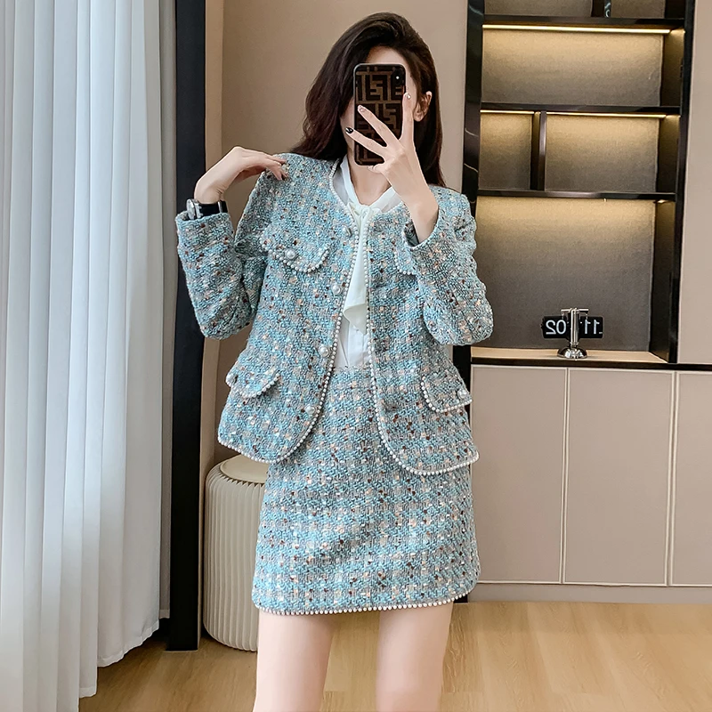 Autumn Winter High Quality New Blue Tweed Two-Piece Set Women