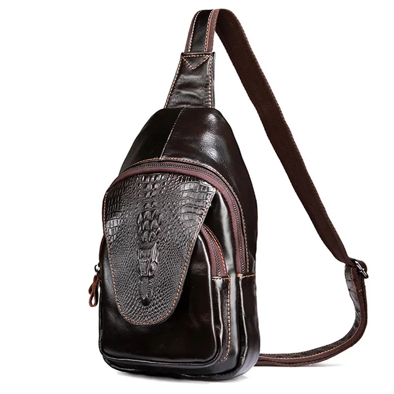 

Men Cross Body Shoulder Chest Bag Sling Backpack Genuine Leather Travel Crocodile Pattern Oil Wax Cowhide Male Messenger Bags