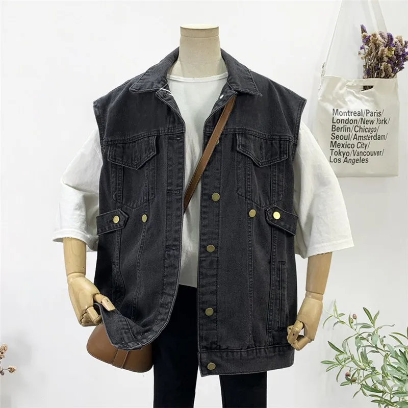 

2023 Spring Fashion Big Pocket Women Vintage Washed Blue Denim Vest Autumn Casual Lapel Sleeveless Jacket Female Jeans Waistcoat