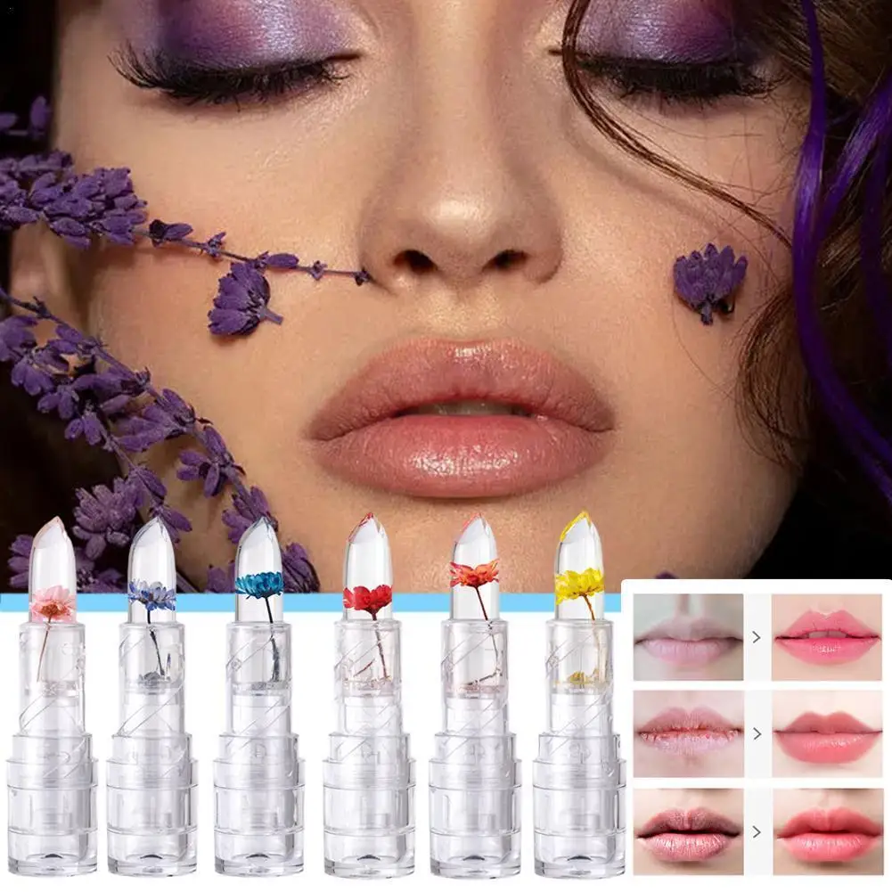 6 Colors Jelly Flower Transparent Lipstick Temperature Smooth Lip Lips Changing Color Cosmetics Lasting Balm Soft Moisturiz F7P1 103cm diameter auto open transparent pvc led 7 colour changing lighting poe umbrella environmental protecting eva parasol