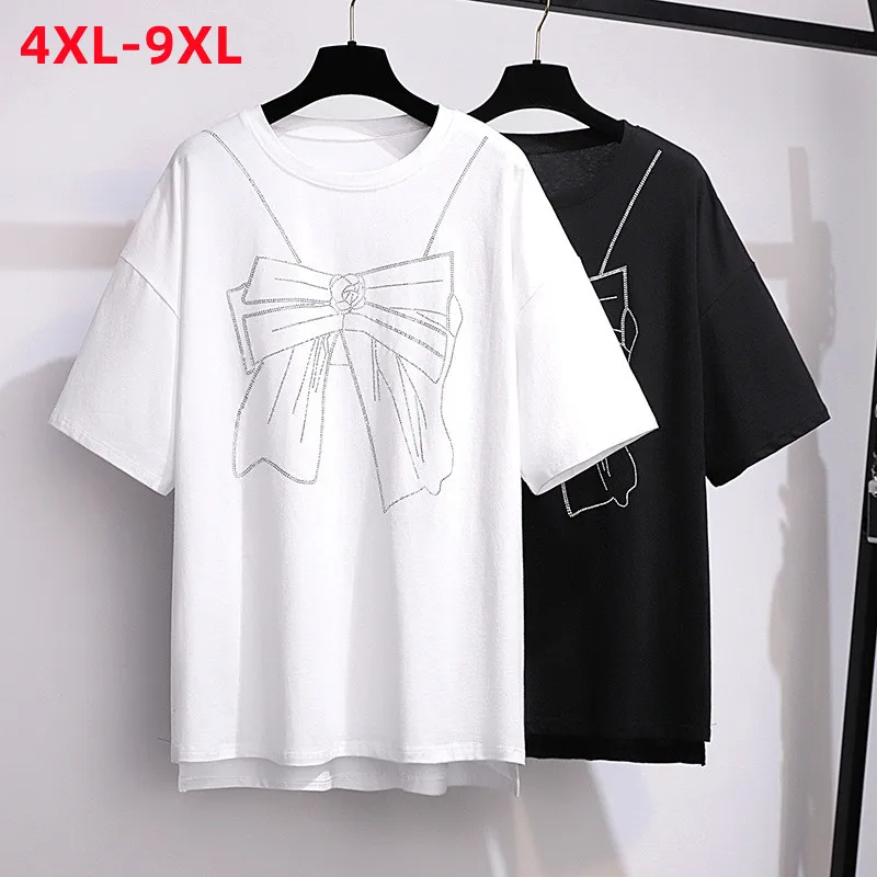 

New 2022 Summer Plus Size Tops For Women Large Size Short Sleeve Loose Cotton White Diamonds T-shirt 4XL 5XL 6XL 7XL 8XL 9XL