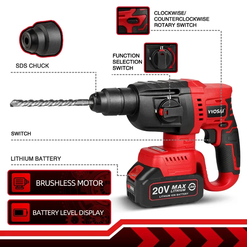 VVOSAI MT-Series 20V Brushless Electric Hammer 4500 IPM Electric Tool Rotary Hammers Punching Machine Perforator Power Tooling 2