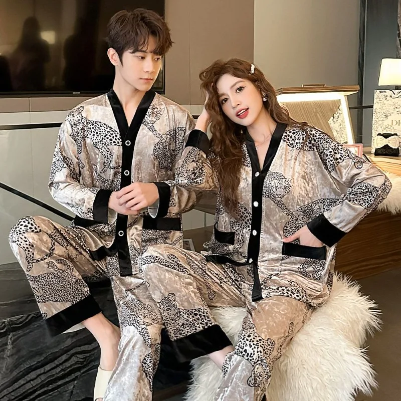 2024 New Golden Velvet Couple Pajamas Women's Autumn Winter Long Sleeves Sleepwear Spring Men's V-neck Loose Loungewear Set