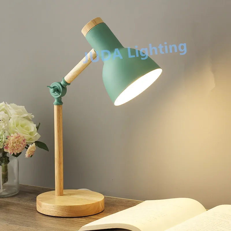 Ins E27 Desk light wooden base Nordic Table Lamp Colorful Bedside Lamp Reading Study Macaron Color Wooden Art LED lights