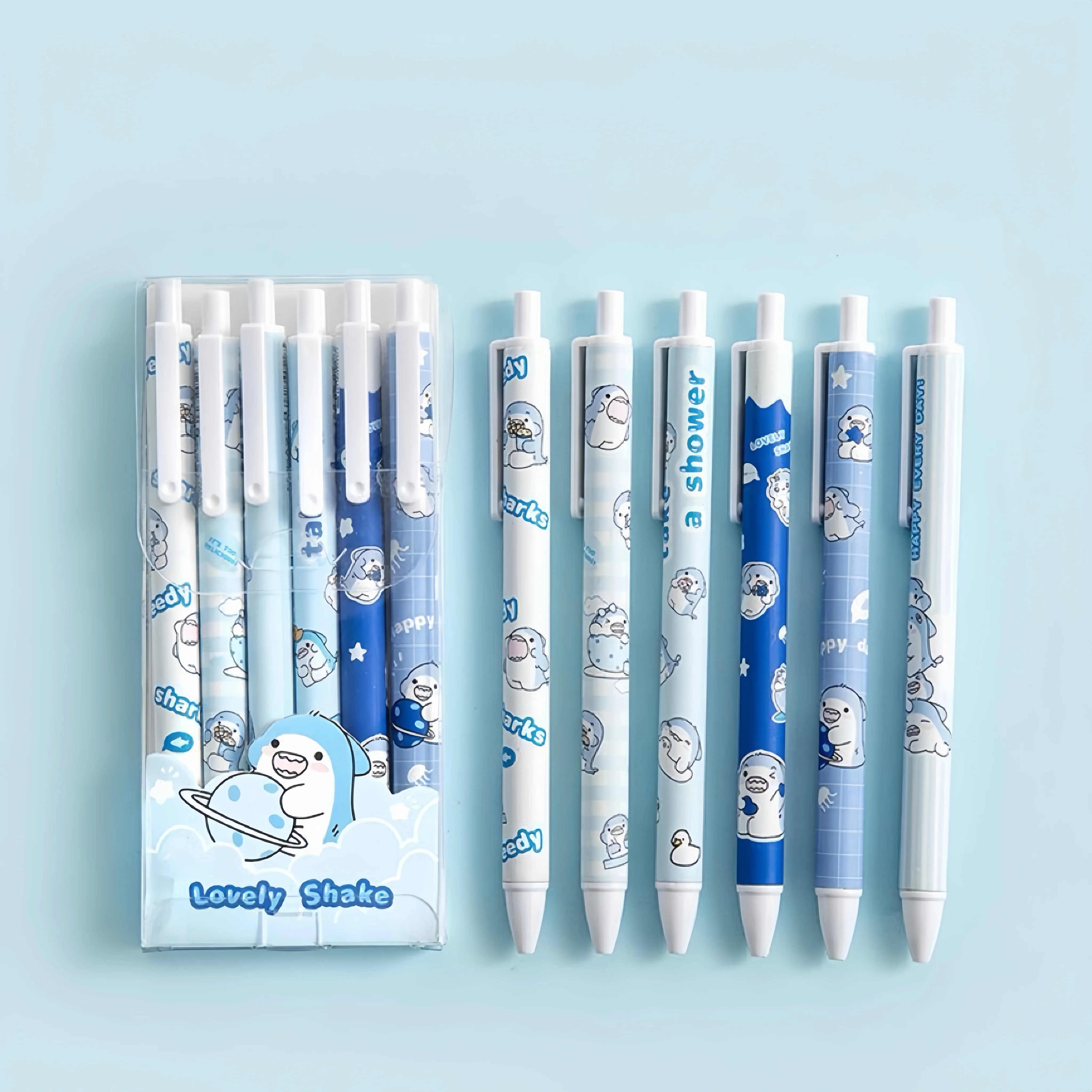 Set di 6 Penne a Scatto con Squalo Cartoon 0.5mm Inchiostro Nero - immagine 2