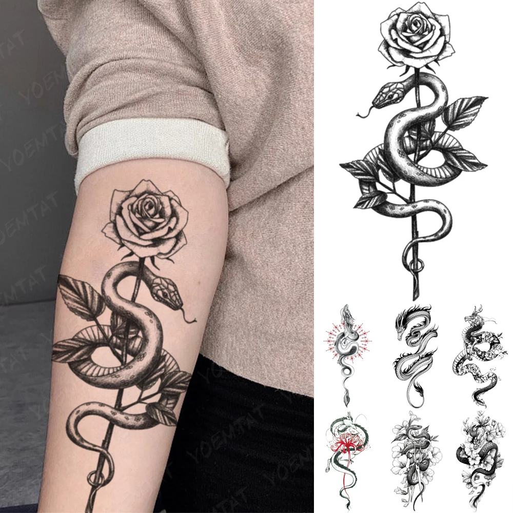 

Waterproof Temporary Tattoo Sticker Black Snake Dragon Totem Flash Tatto Tiger Flowers Roses Body Art Arm Fake Tatoo Men Women