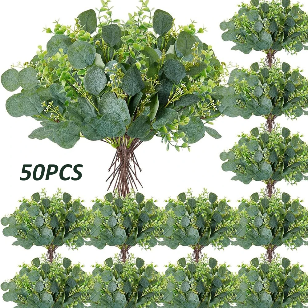 50PCS Faux Eucalyptus Stems Artificial Eucalyptus Leaves Fake Flowers for Wedding Bouquet DIY Flower Arrangement Home Decoration