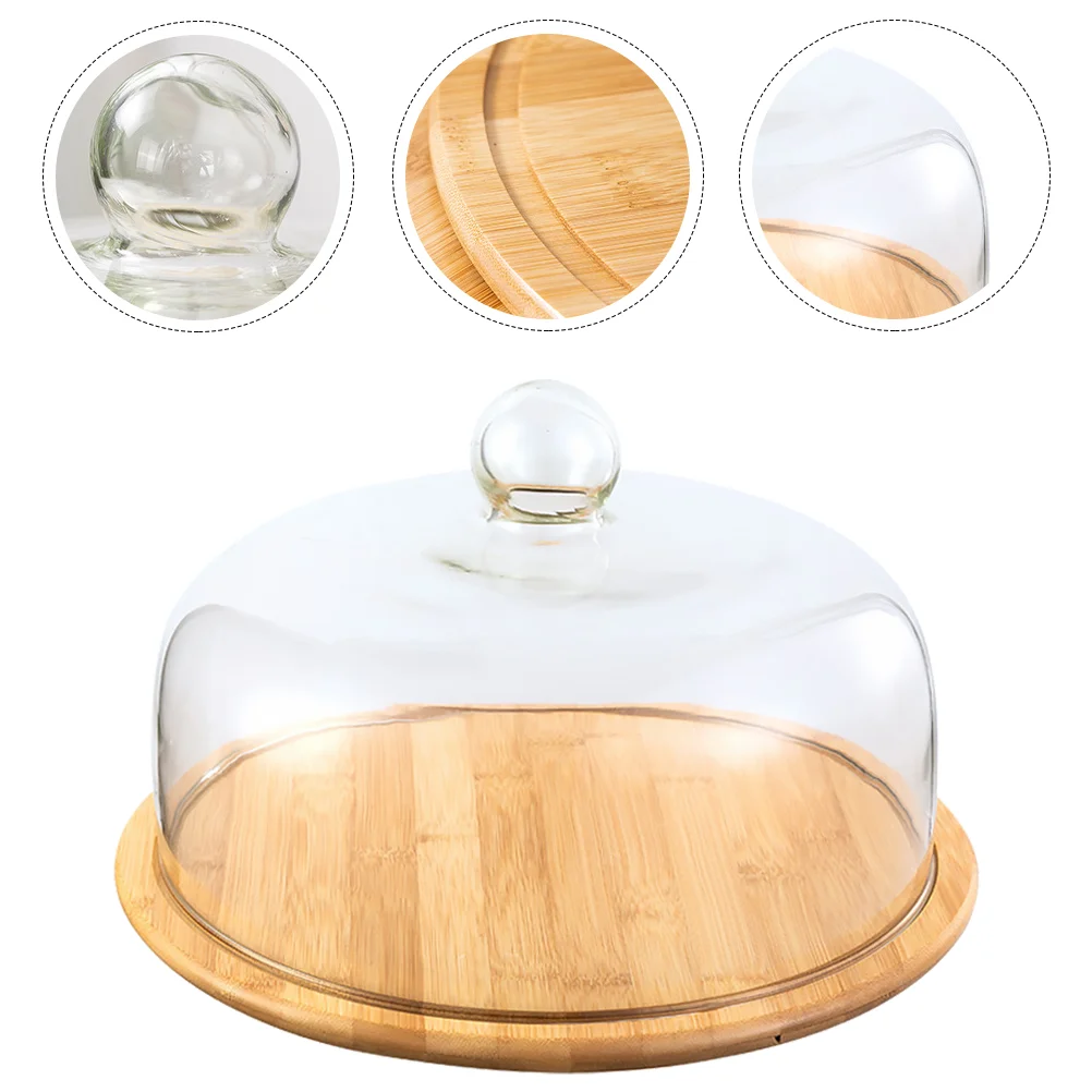 

Plate Pastry Plate Convenient Snack Tray With Glass Cover Dustproof Cake Glass Cover Food Cover With Bamboo Wood Tray