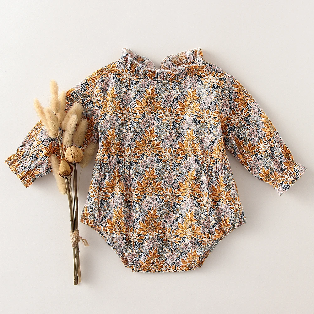 floral do vintage roupas da menina do bebê manga longa macacão macacões de uma peça moda linho de algodão bebê menina macacão