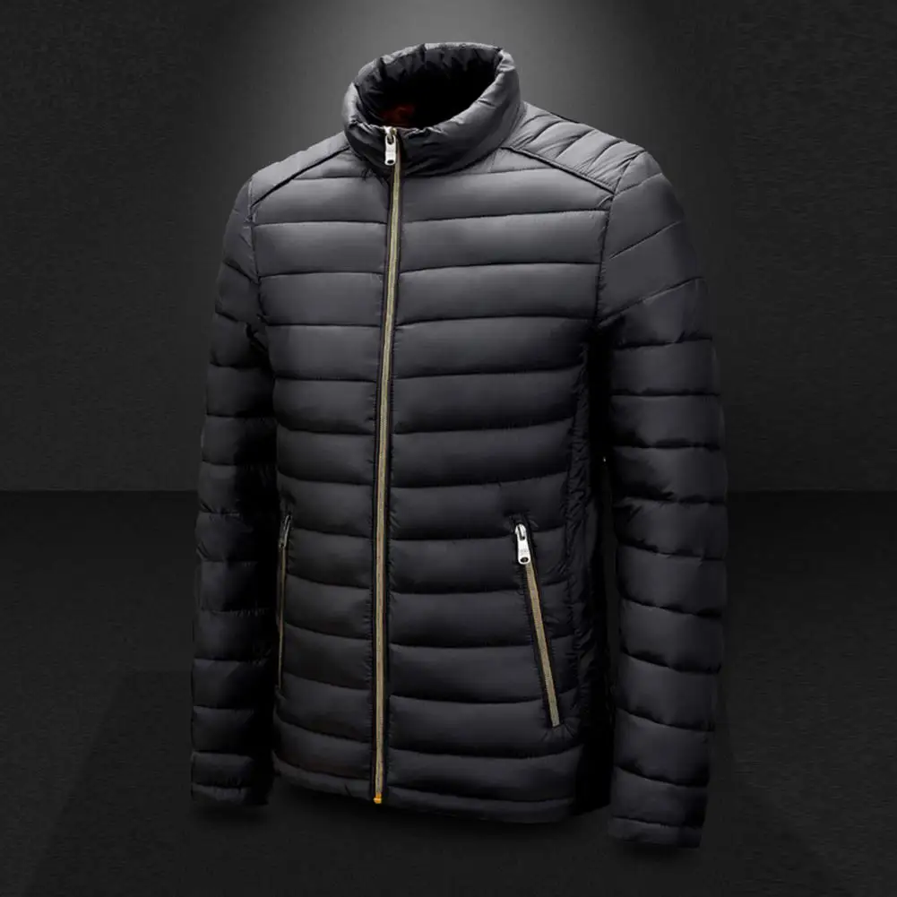 Men Cotton Coat with Zipper Stand Collar Thickened Padded Heat Retention Neck Protection Outdoor Down Jacket