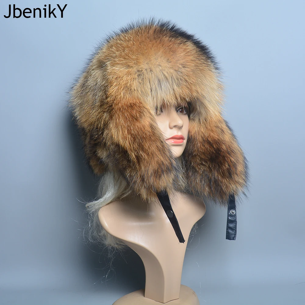 

Real fur 100% Fox Skin Russian Businessmen Pilot Bombers Full Map Unisex hat Ushanka Winter Ear Guard Hat Raccoon Fur Beanie hat