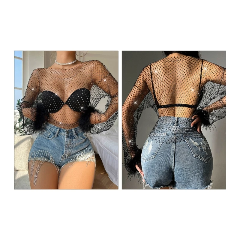 

Solid Color Black Cropped Short Blouses Crewneck See-through Sheer Top-Wear