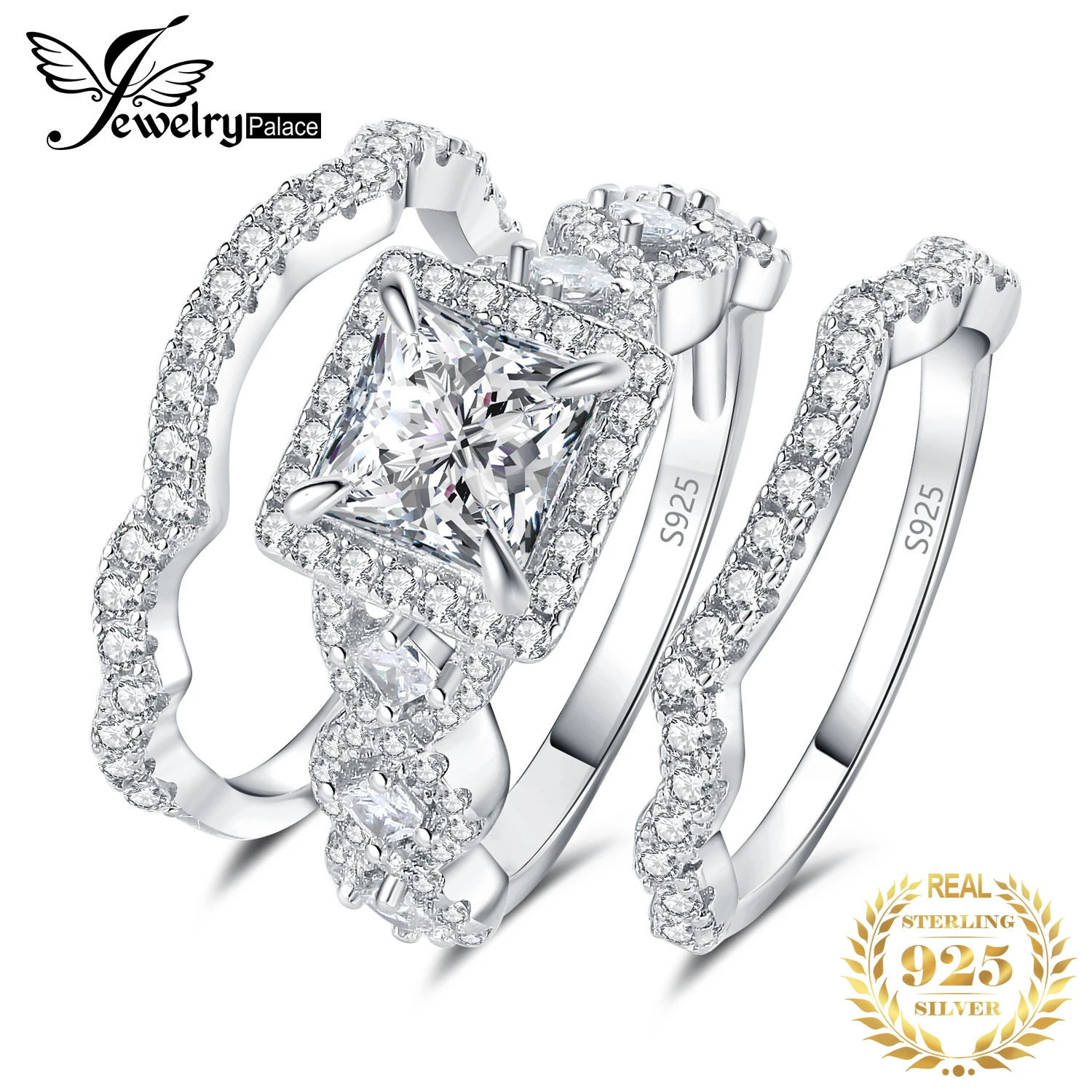 JewelryPalace 3Pcs 925 Sterling Silver Halo Wedding Engagement Ring Set for  Women 2.9ct Princess Cut AAAAAA CZ Fashion Jewelry