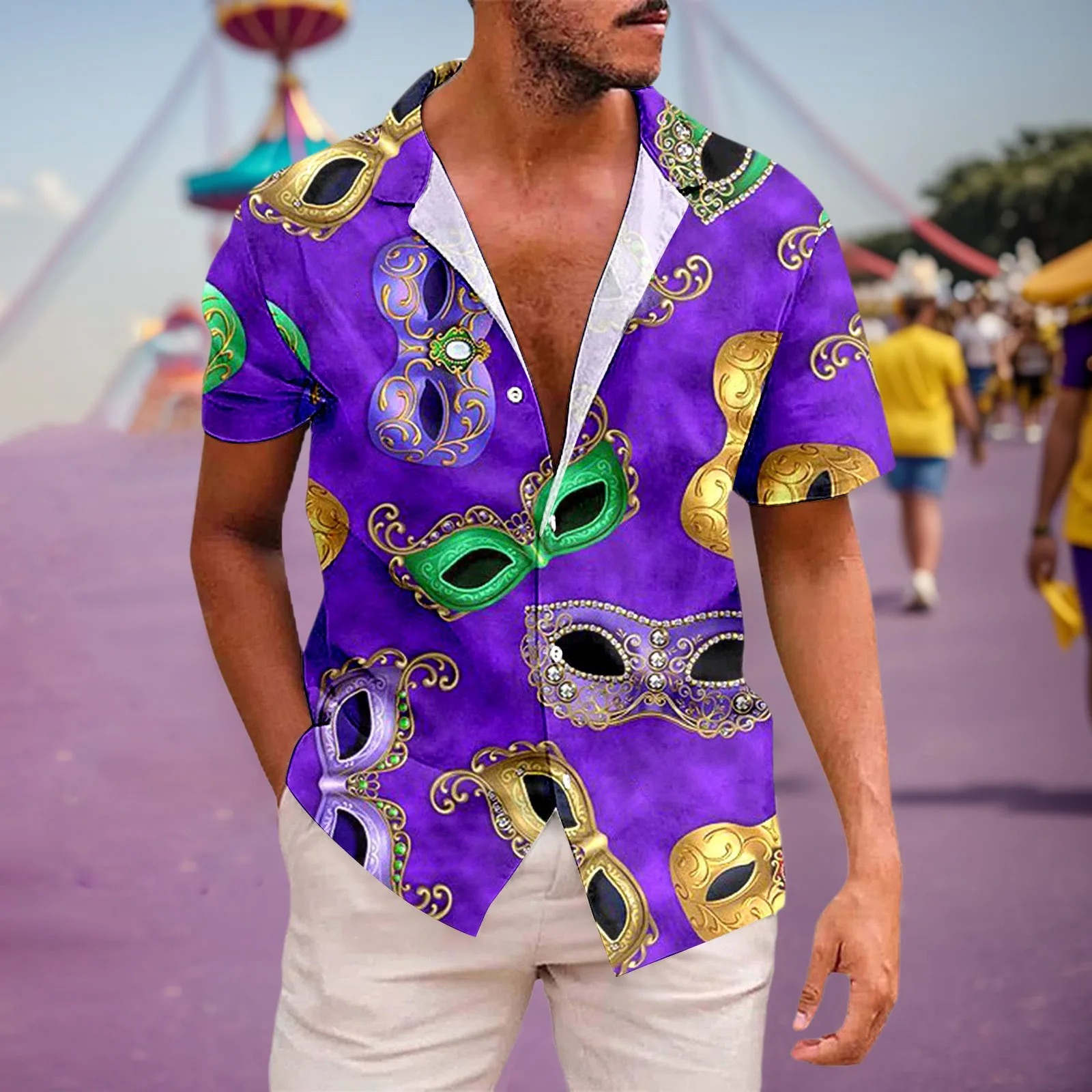 Men'S Carnival Shirts Fashion Mardi Gras Theme 3d Print Top Blouse Classic Turndown Collar Button Shirts Festival Casual Clothes