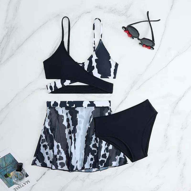 Girls 3 Pack Print High Waisted Bikini Sets with Beach Skirt Kids Swimsuit 8-12 Years Children's Swimwear Beachwear Bathing Suit